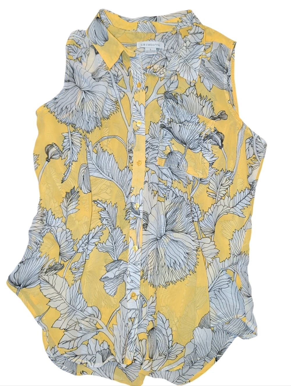 Liz Claiborne Yellow and White Floral Sleeveless Button-Front Blouse (#D1006)